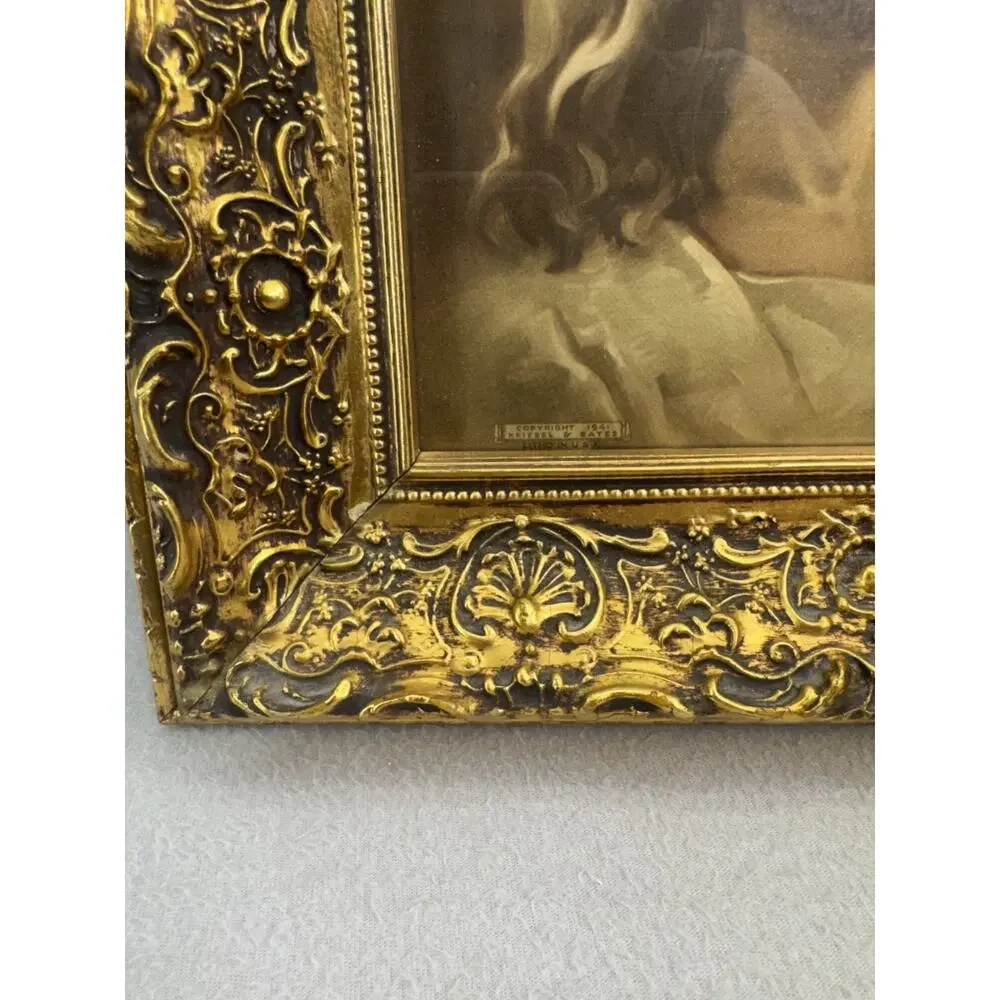 Vintage Jesus Portrait Print Ornate Gold Frame Christian Religious Wall Art